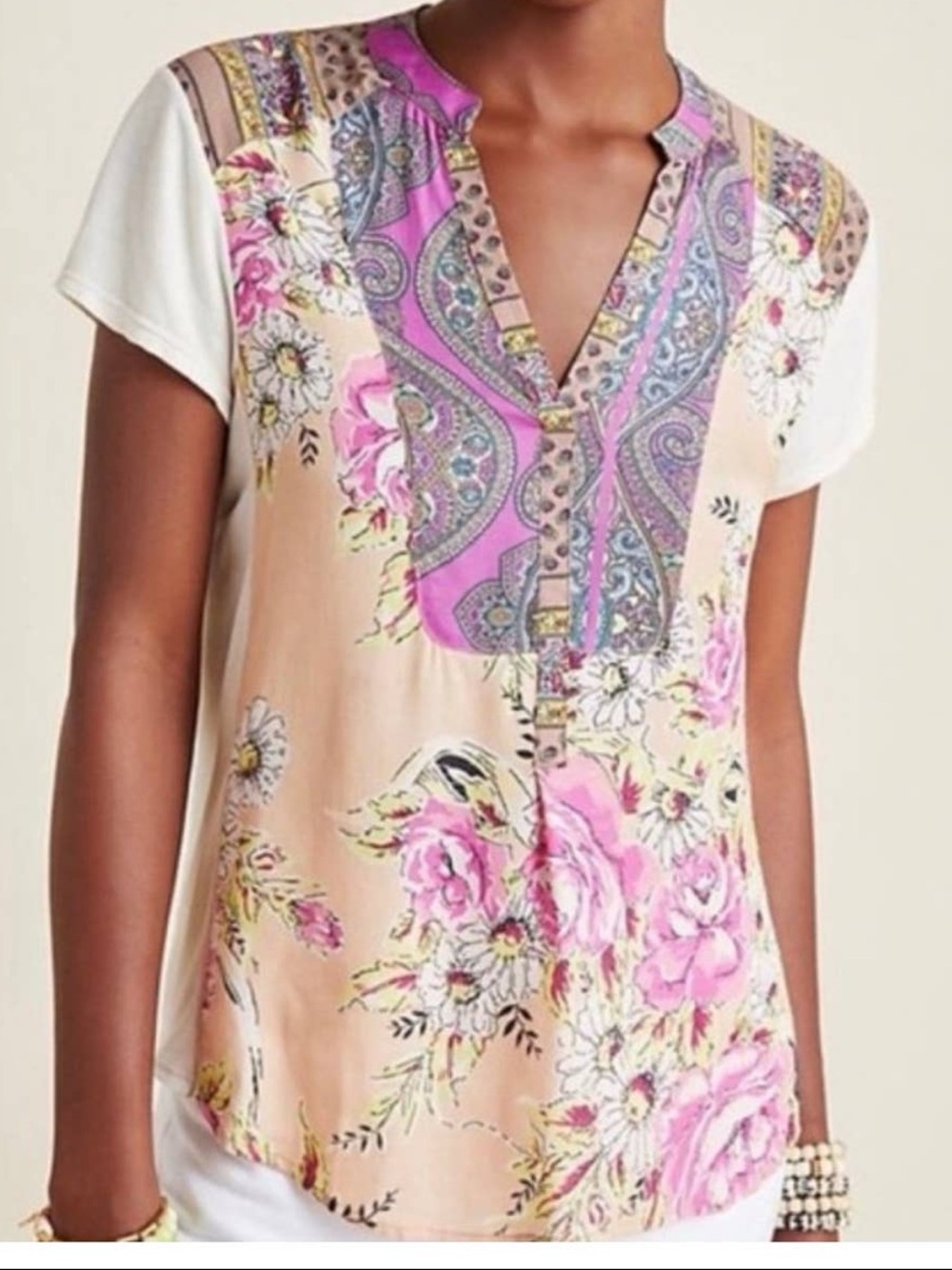 Anthropologie Tiny Top Womens Large Floral Mixed Media V Neck Boho Short Sleeve